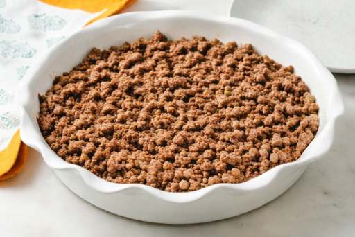 Step-by-step preparation of shepherd’s pie in a white ceramic dish with beef, peas, and mashed potatoes