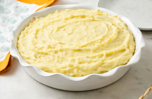 Step-by-step preparation of shepherd’s pie in a white ceramic dish with beef, peas, and mashed potatoes